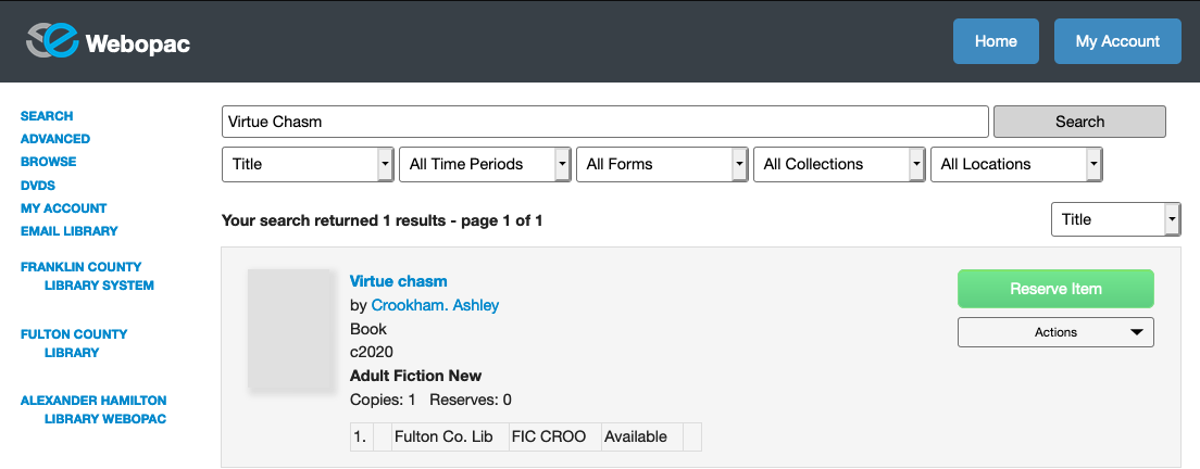 Author Ashley Crookham's book Virtue Chasm listed for loan in the public library